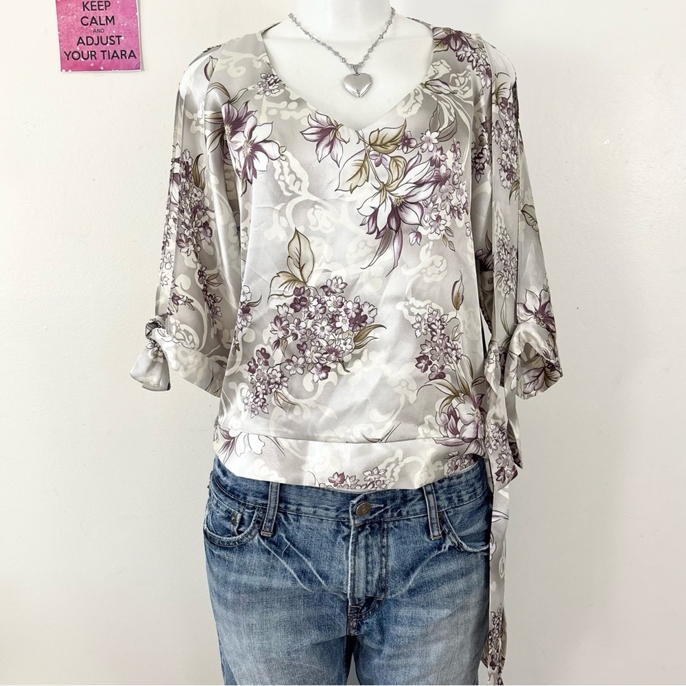 Fashion Bug Floral Satin Blouse in Cream and Purple